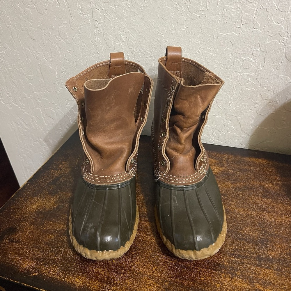 LL Bean Brown Leather Rubber Duck Boots Mens 10 Winter Mid Tall No Laces USA